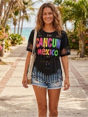 Cancun Mexico beaded fringe tee size M